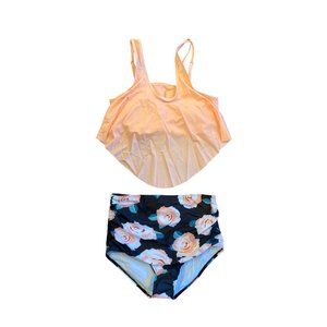 Italoo Two Piece Tankini Bathing Suit Peach Black Floral Size Medium NWOT